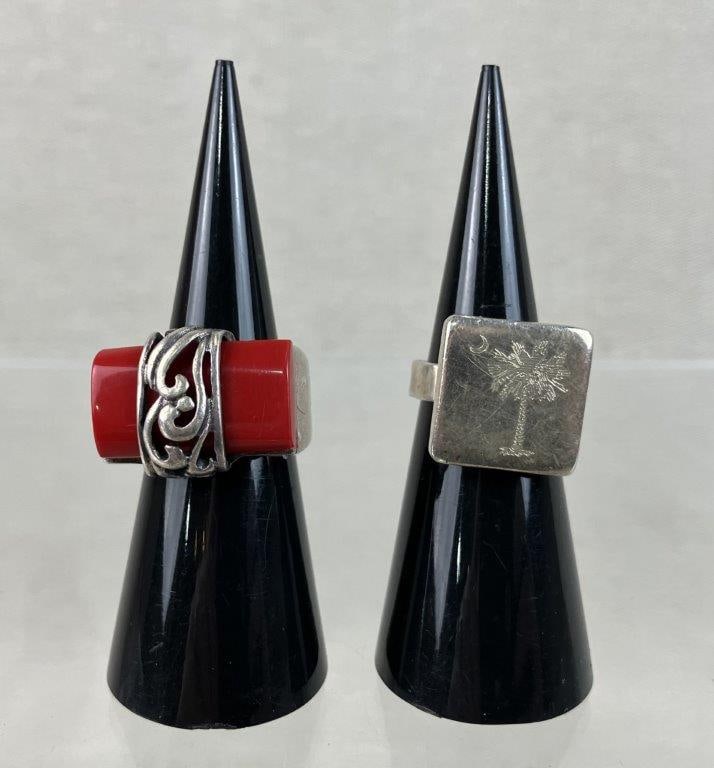 Sterling Silver Red Coral and South Carolina Rings - 2