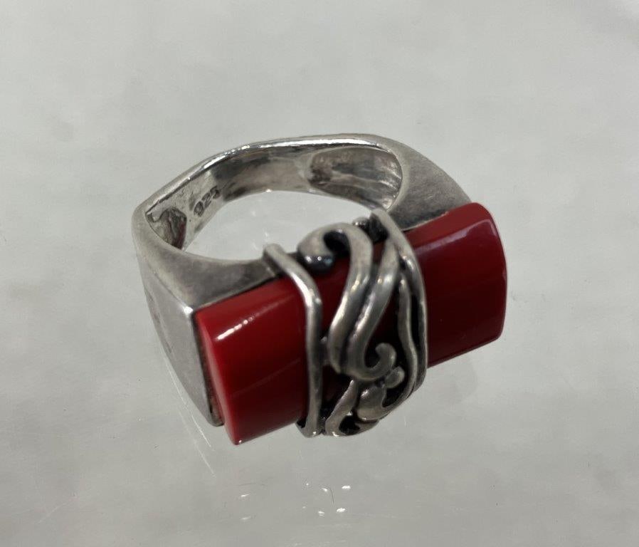 Sterling Silver Red Coral and South Carolina Rings - 4