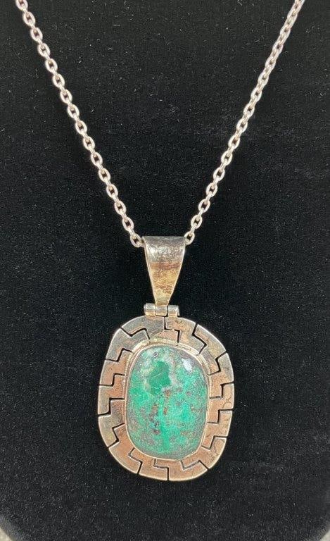 Taxco Montero 950 Sterling Silver Turquoise Necklace: Sterling silver necklace from Taxco, Mexico, marked Montero with "950" for silver content, featuring a central green-toned turquoise stone with natural variation, possibly Hachita turquoise, set