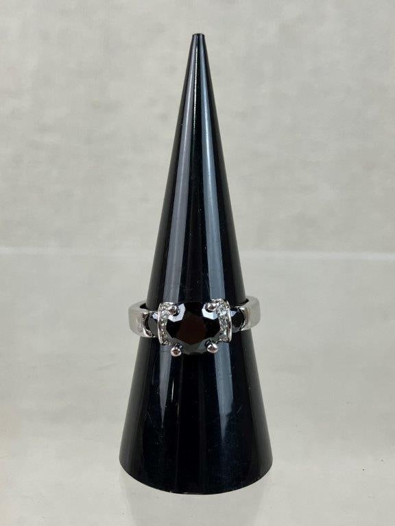 Silvertone Black Onyx Style Ring - 2