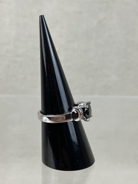 Silvertone Black Onyx Style Ring - 3