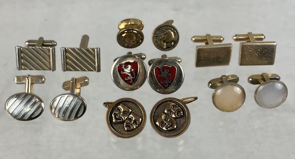 Vintage Men's Cuff Links: This seven-pair collection of vintage men's cuff links comes in various shapes and sizes, featuring six gold-tone pairs and one 12K gold-filled pair. Highlighted designs within the assortment include