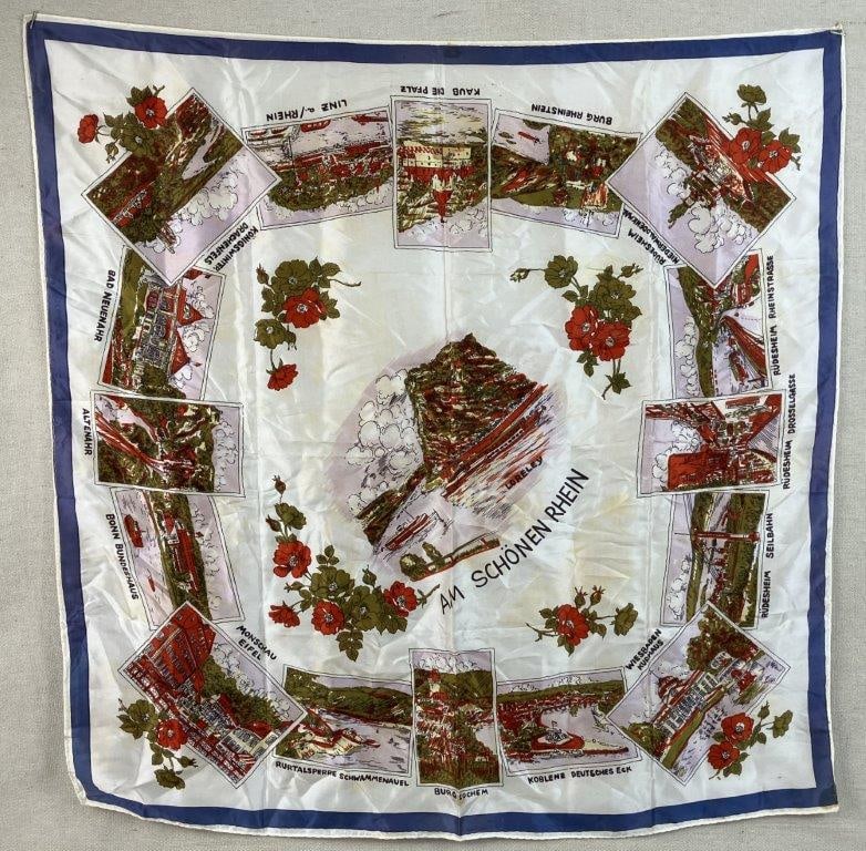Vintage German Travel Souvenir Scarf: This mid-century travel souvenir scarf from Germany reads "Am Schonnen Rhein" (On the Beautiful Rhine) and features charming illustrated landscape vignettes of historic cities, castles, and tourist