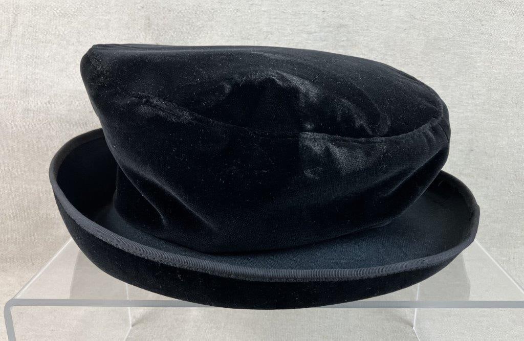 Vintage Ruth Kropveld Chapeau Creations Black Velvet Hat: Vintage hat by Ruth Kropveld for Chapeau Creations, executed in black velvet in a classic bucket style form, reflecting mid-century design circa 1950. Measures approx. 6" H x 12" in diameter. Size
