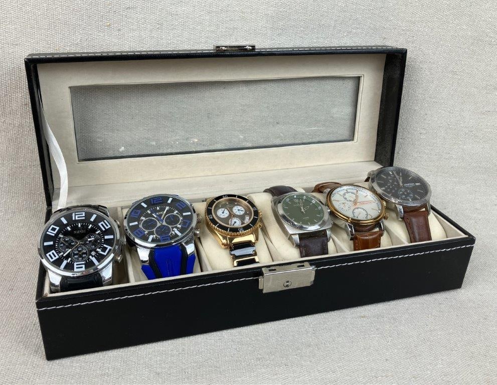 Six Men's Wrist Watches: Group of six men's watches including examples by Claiborne, two by SKMEI, one by Klaus Kobec, one Dakota Hybrid, and one by Armitron, featuring a variety of styles with both metal and leather bands,