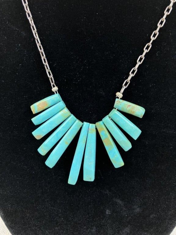 Native Artisan Sterling Silver and Turquoise Fan Necklace - 2