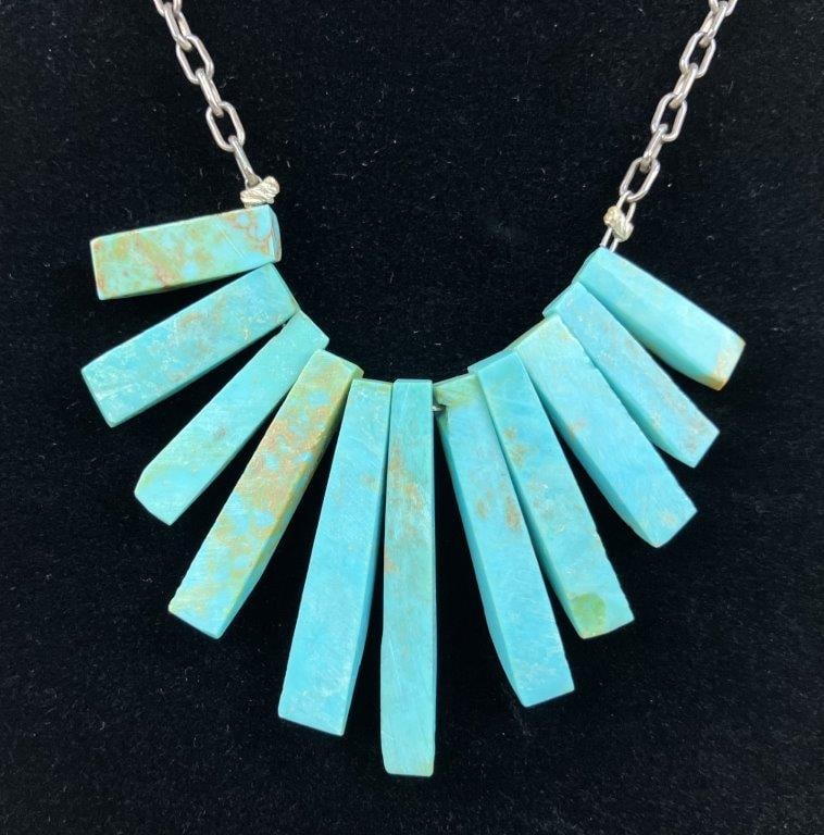 Native Artisan Sterling Silver and Turquoise Fan Necklace - 4