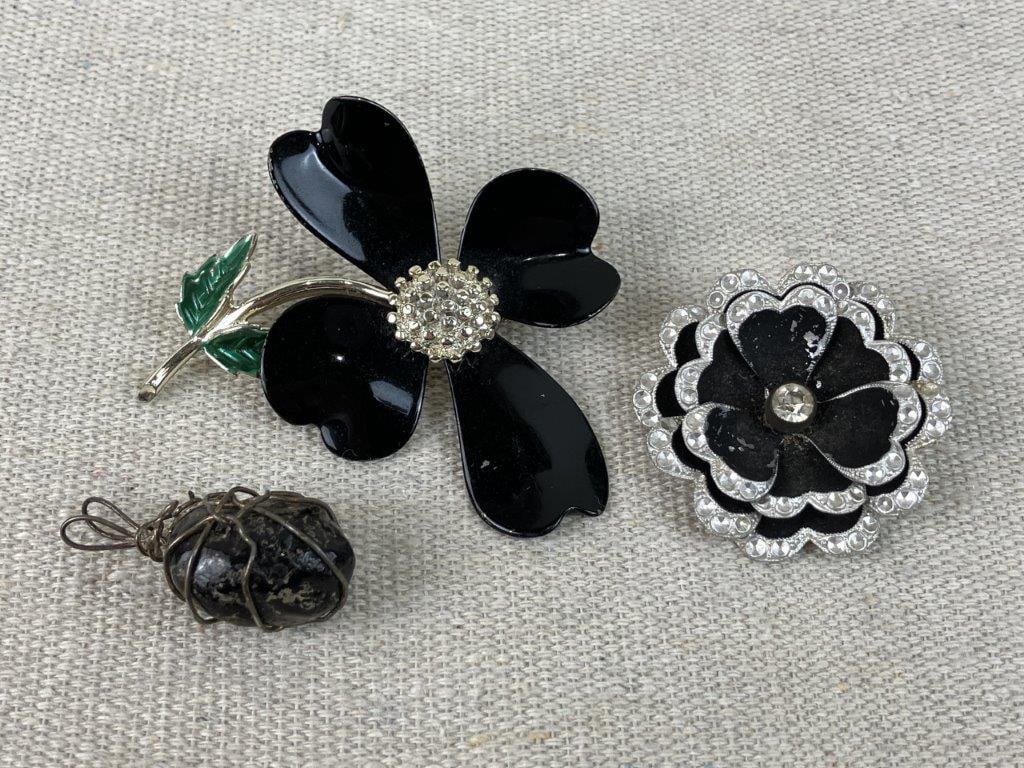 Assortment of Black Themed Costume Jewelry Including Trifari - 12