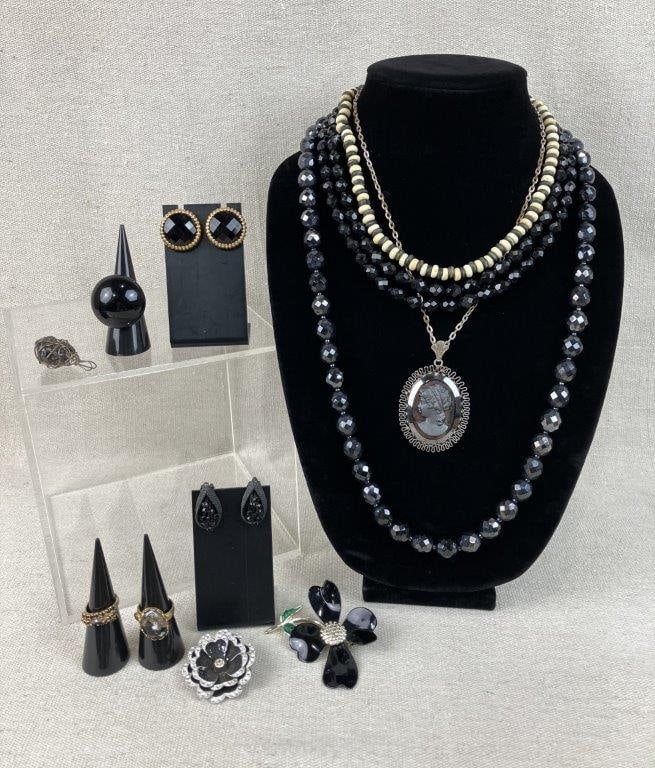 Assortment of Black Themed Costume Jewelry Including Trifari (1 of 13)