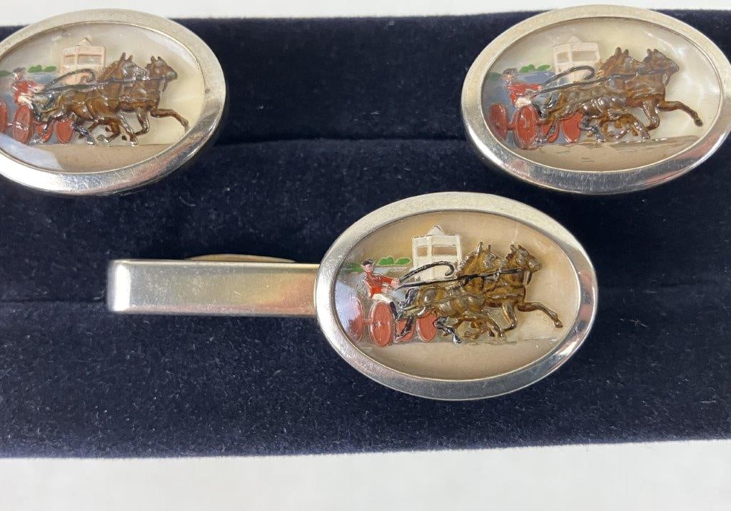 Vintage Diorama Cufflinks and Tie Clip - 3