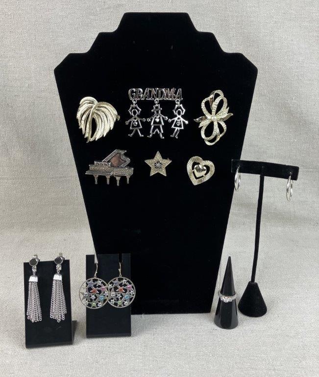Collection of Gold and Silver-Tone Earrings and Brooches (1 of 12)
