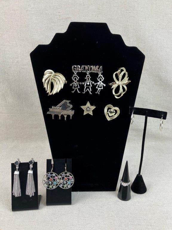 Collection of Gold and Silver-Tone Earrings and Brooches - 2