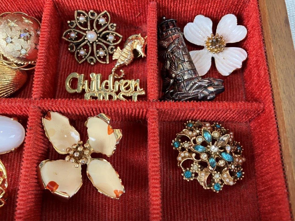 Assortment of Vintage Brooches with Ship Themed Jewelry Box - 6