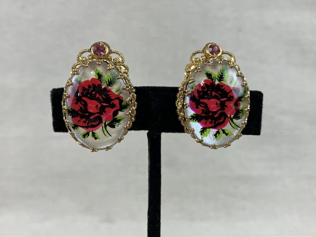 Vintage Rose Painted Brooch and Earrings - 2