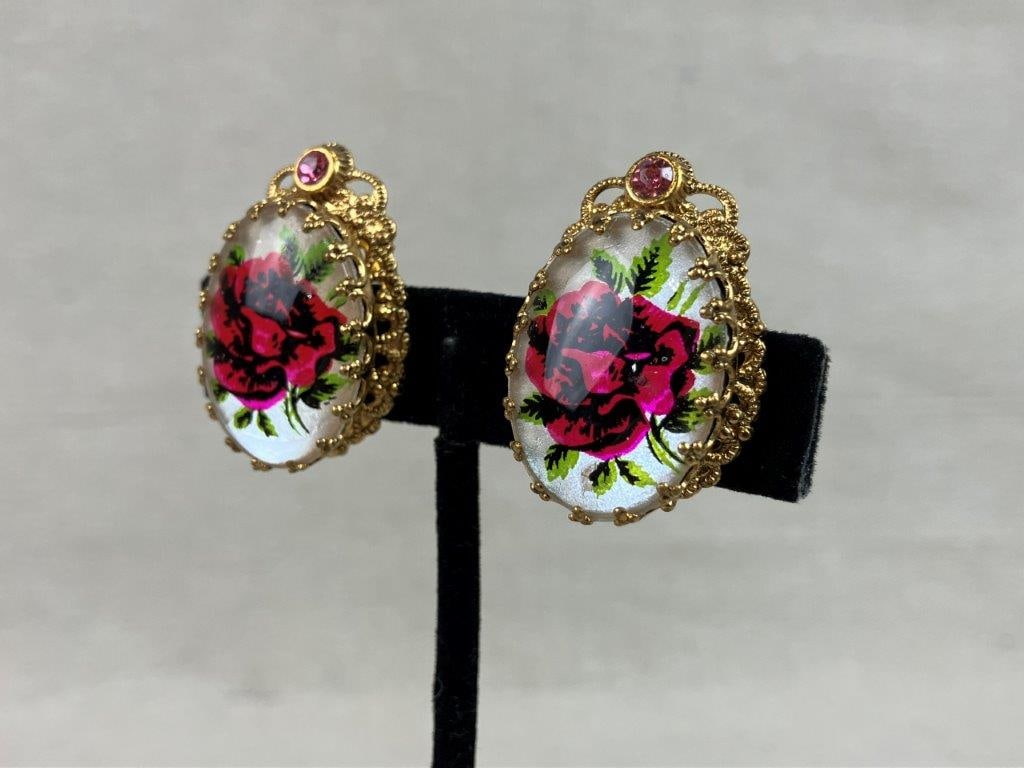 Vintage Rose Painted Brooch and Earrings - 3