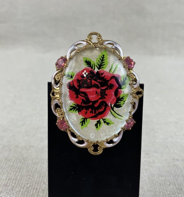 Vintage Rose Painted Brooch and Earrings - 5