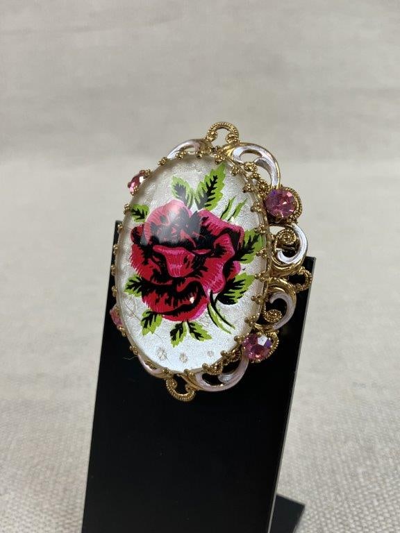 Vintage Rose Painted Brooch and Earrings - 6