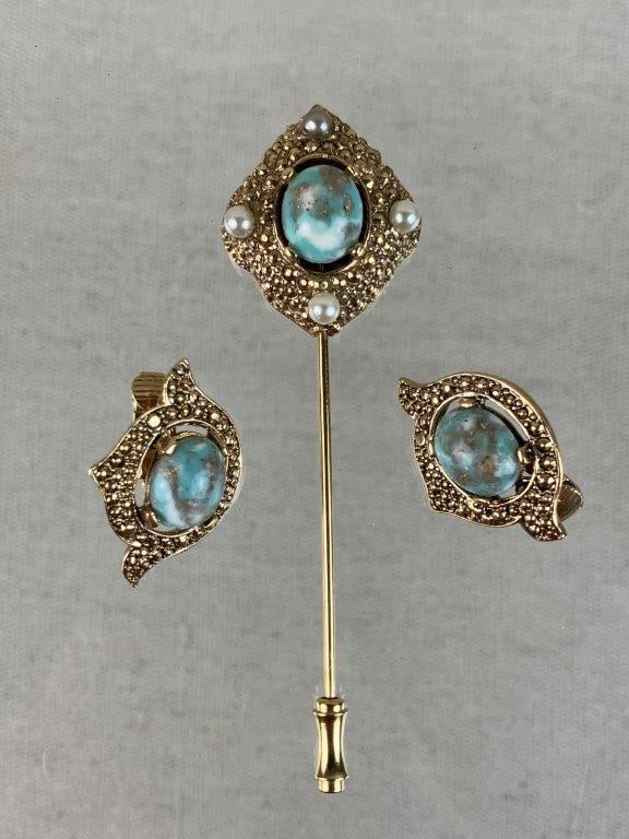 Sarah Coventry Pin and Clip-On Earrings, 1960s: Vintage costume jewelry set by Sarah Coventry from the 1968 "Remembrance" collection, including a pin and matching clip-on earrings, executed in gold tone textural settings adorned with faux pearls an