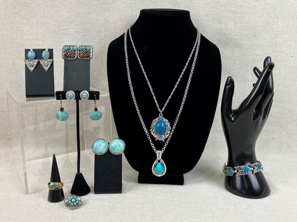 Turquoise-Toned Costume Jewelry Assortment Including Avon: Group of ten pieces of vintage costume jewelry featuring turquoise-toned and amazonite-style stones in varied hues, primarily in silvertone settings, including a standout necklace by Avon with a teard