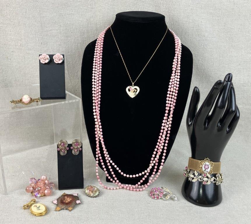 Pink Costume Jewelry Assortment Including Florenza: Group of twelve pieces of vintage costume jewelry in soft pink tones, including a variety of feminine designs with floral motifs, featuring a pink beaded necklace, a gold tone bracelet with a central