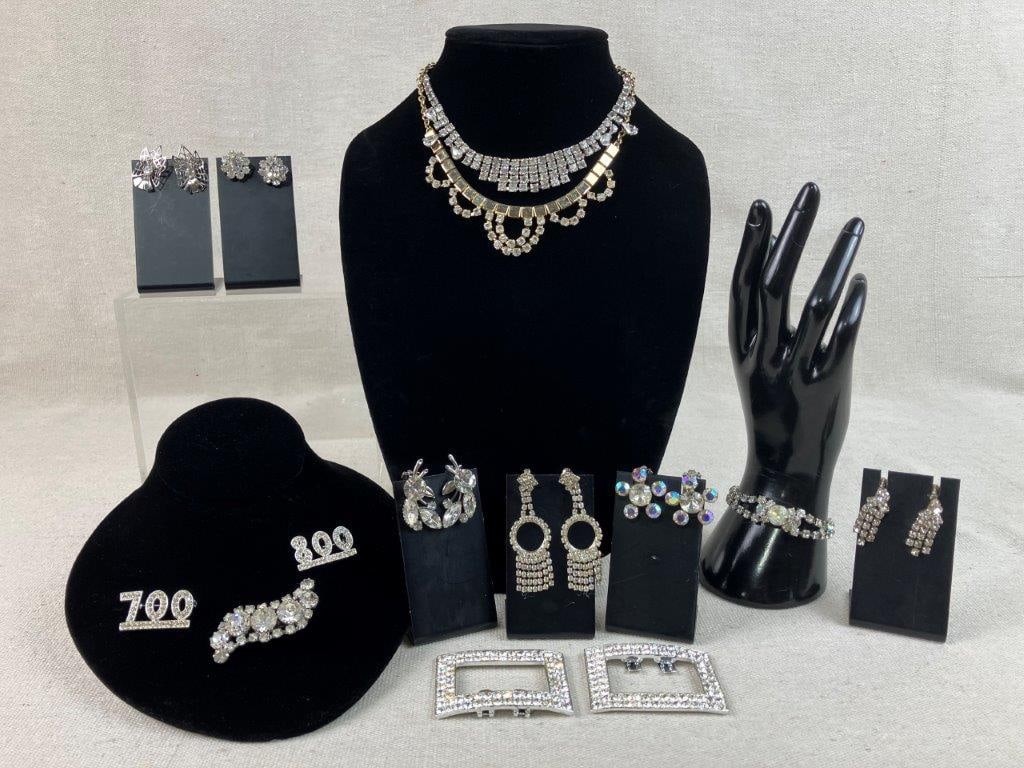 Assortment of Silver-tone Jewelry Including Garne: A wonderful fourteen-piece collection of vintage silver-tone costume jewelry offering a classic, sparkling aesthetic perfect for formal or vintage-inspired looks. The set is headlined by a Garne