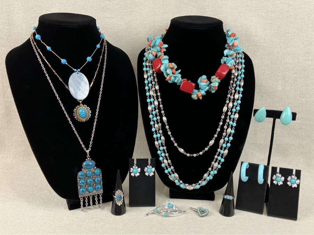 Turquoise-Toned Jewelry Assortment Including Sarah Coventry: Group of fifteen pieces of vintage costume jewelry in turquoise tones and silvertone settings, including a brooch and matching clip-on earring set by Sarah Coventry with floral design and faux