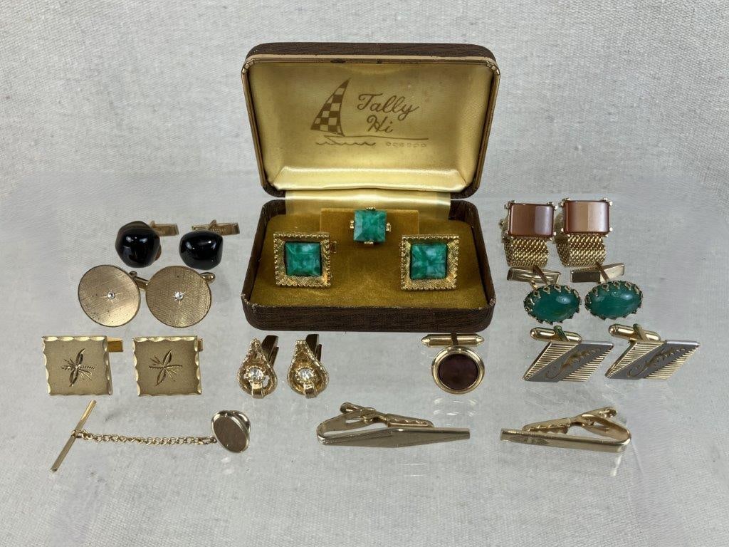 Assortment of Gold-tone Cuff Links Including Tally Hi: This collection of vintage gold-tone accessories features eight pairs of cufflinks, two tie clips, and two tie tacks, highlighted by a vintage Tally Hi set consisting of a tie tack and two cufflinks w