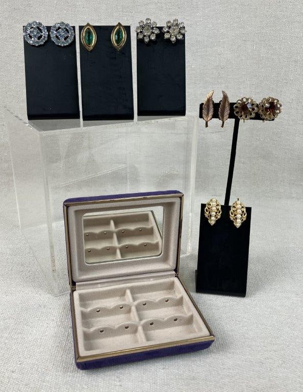 Vintage Costume Earrings with Velvet Box Including Sarah Coventry: This six-pair collection of vintage costume earrings is presented in a purple velvet box featuring an interior mirror and six storage compartments. The assortment includes a pair of Sarah Coventry
