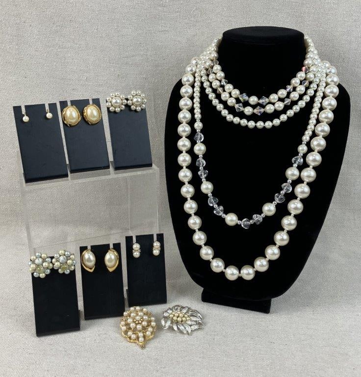 Collection of Faux Pearl Jewelry Including Napier: This eleven-piece collection of vintage costume jewelry celebrates the classic versatility of faux pearls in both silver and gold-tone settings. The assortment features a chunky faux pearl necklace