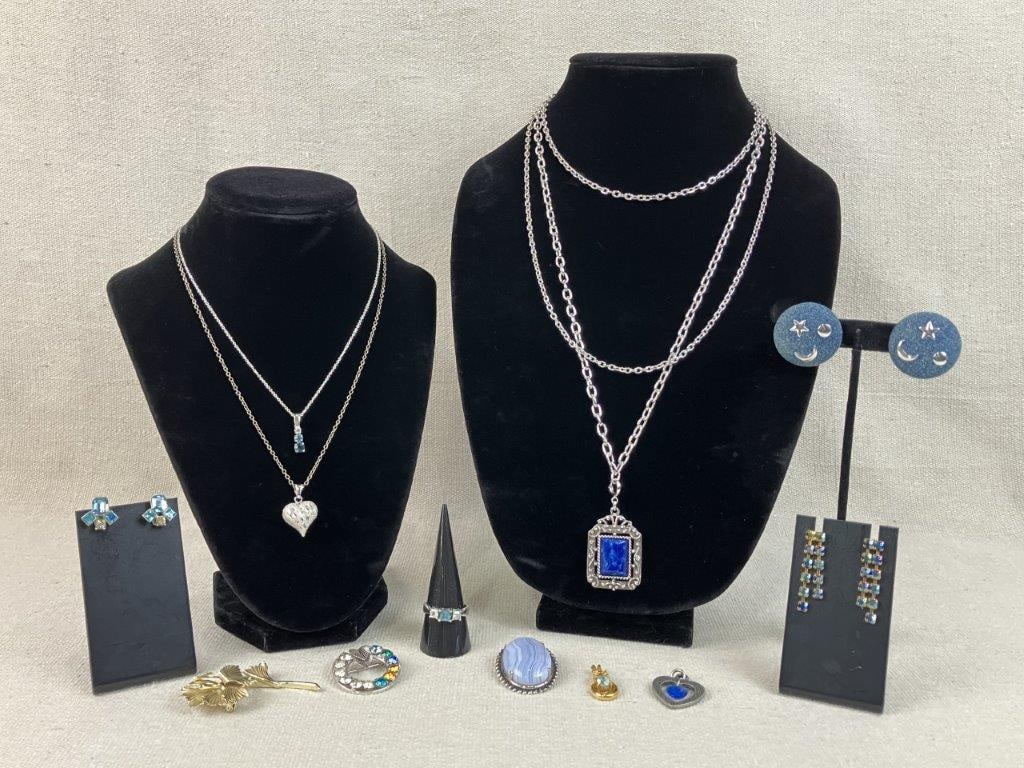 Blue and Silver-tone Jewelry Assortment: A beautiful twelve-piece assortment of vintage costume jewelry featuring a cool-toned palette with unique textures and design details. The standout piece is a Sarah Coventry multi-strand chain