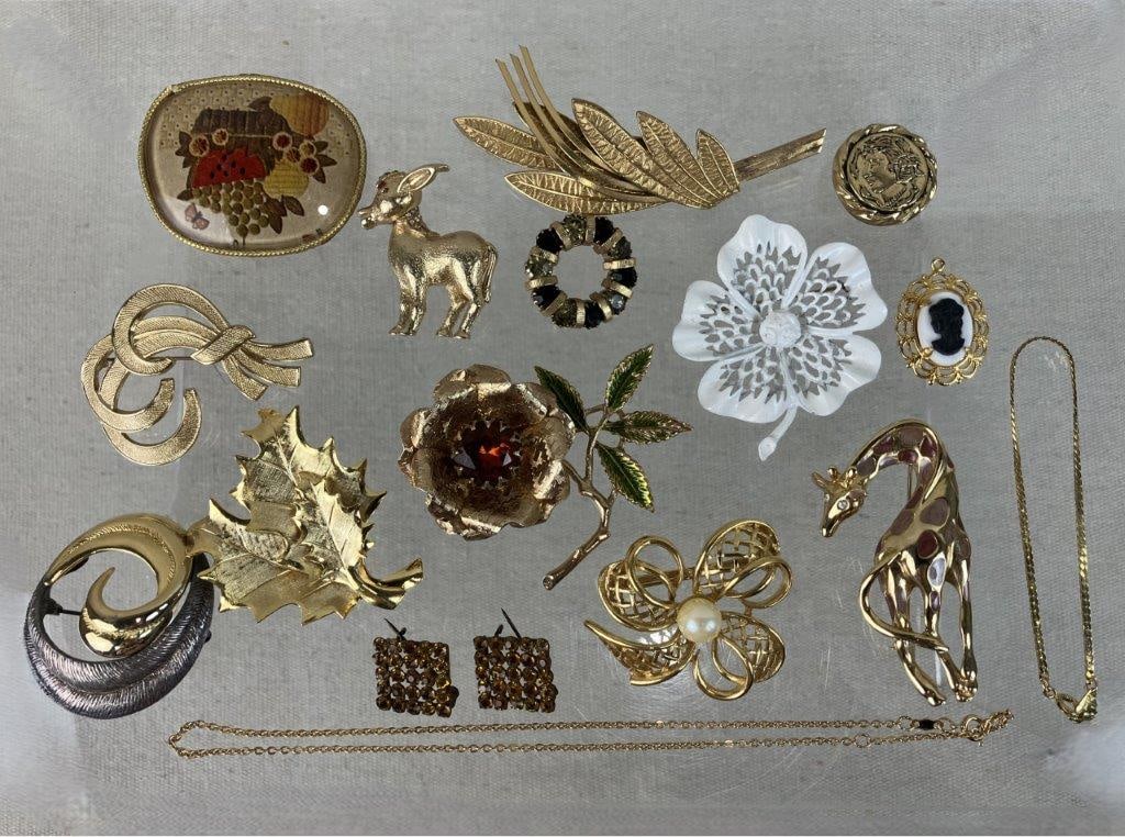 Assortment of Gold-tone Brooches Including Sarah Coventry and Monet: This seventeen-piece collection of vintage gold-tone costume jewelry features a diverse range of botanical and whimsical designs, including a Sarah Coventry floral brooch with green enamel leaves and 