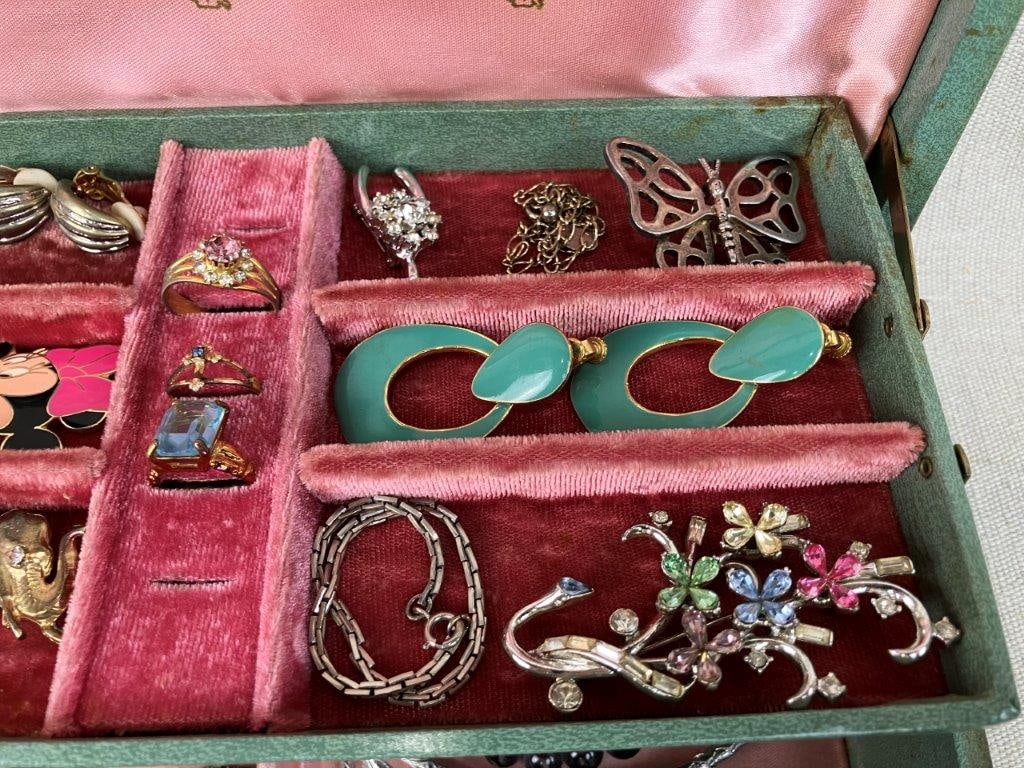 Green Tooled Leather Jewelry Box and Vintage Jewelry Assortment - 10
