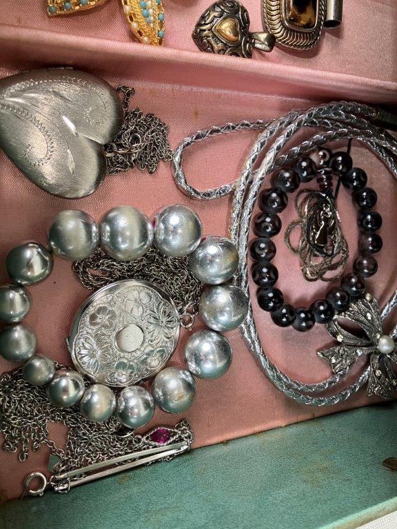 Green Tooled Leather Jewelry Box and Vintage Jewelry Assortment - 12