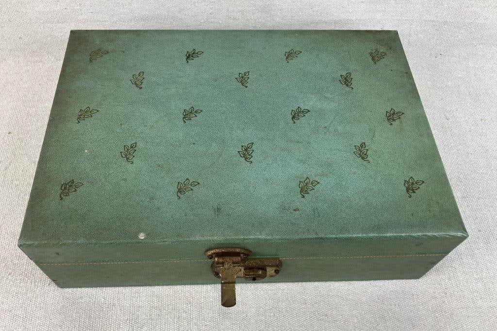 Green Tooled Leather Jewelry Box and Vintage Jewelry Assortment - 13