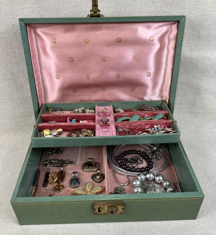Green Tooled Leather Jewelry Box and Vintage Jewelry Assortment - 7
