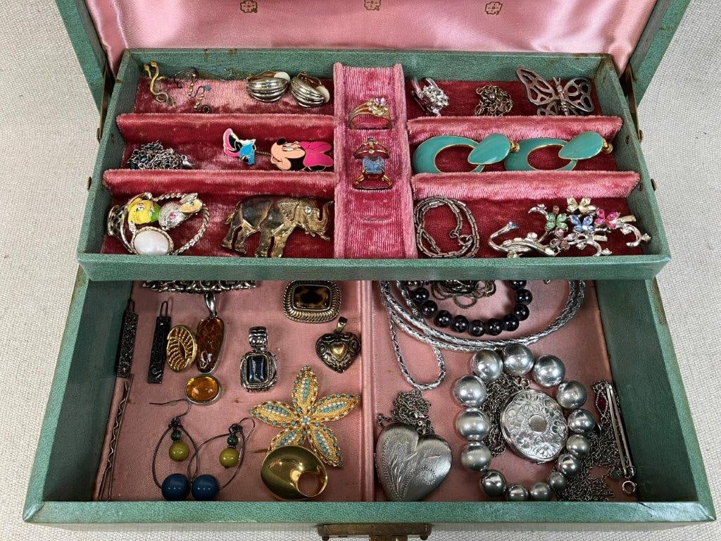 Green Tooled Leather Jewelry Box and Vintage Jewelry Assortment - 8