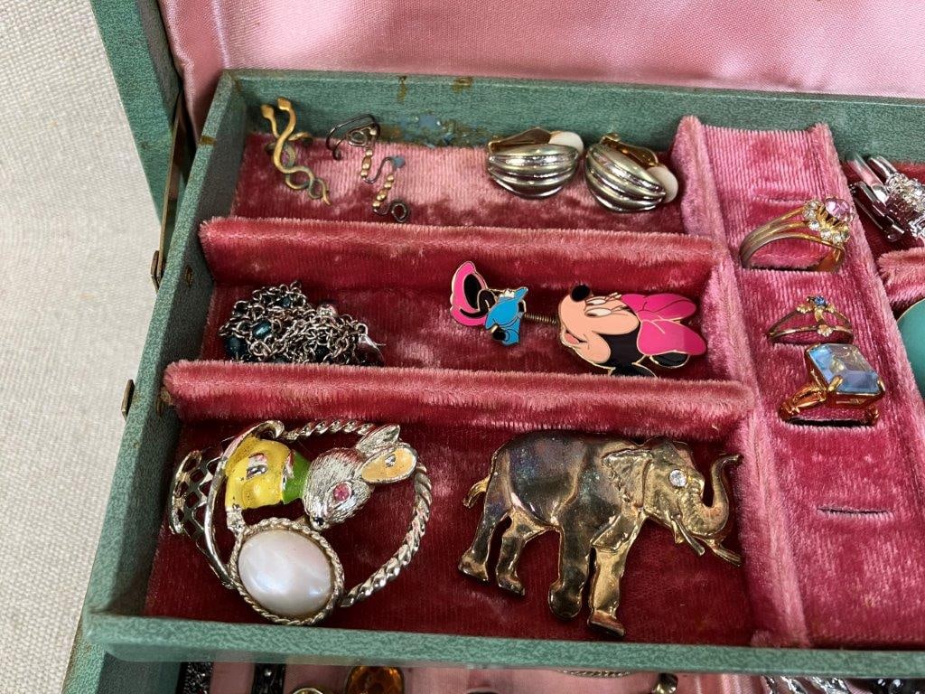 Green Tooled Leather Jewelry Box and Vintage Jewelry Assortment - 9