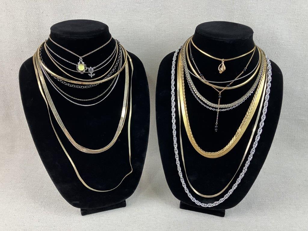 Assortment of Gold-tone Chains Including Premier Designs: This twenty-two-piece collection of vintage costume jewelry features a variety of classic links and modern accents, including a Premier Design 24 in. gold-tone herringbone chain and a 29 1/2 in. thin