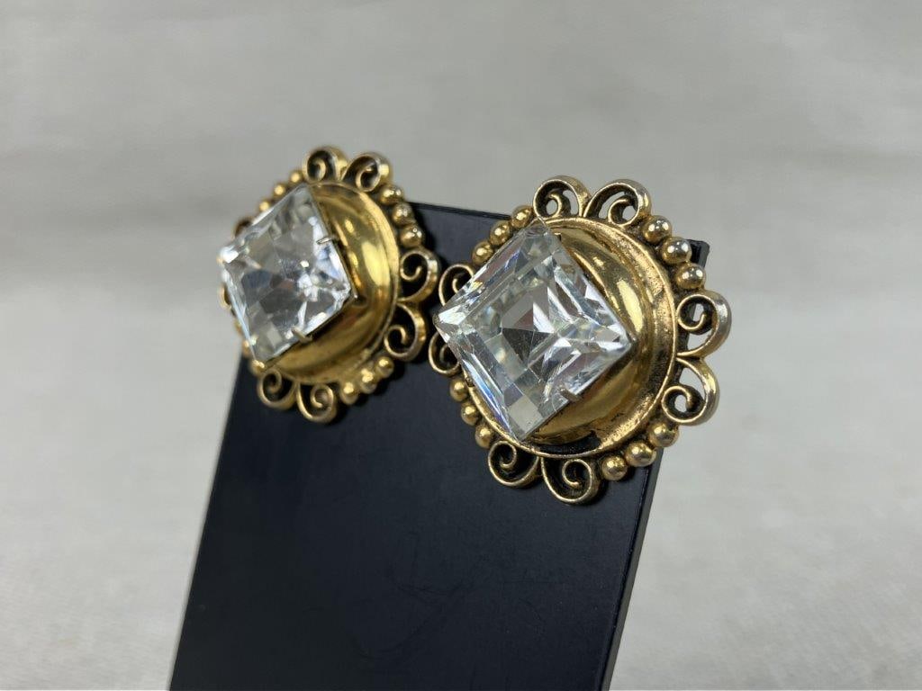 Freirich Victorian Revival Gold-Tone and Rhinestone Clip-On Earrings - 2