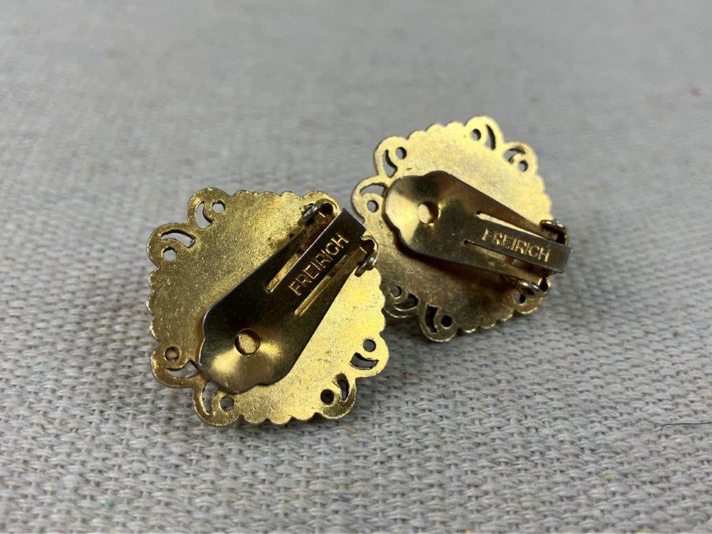 Freirich Victorian Revival Gold-Tone and Rhinestone Clip-On Earrings - 3