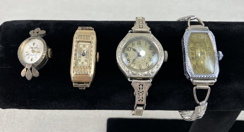 Luxury Wristwatch Assortment Including Bulova Art Deco and Langendorf: This four-piece assortment of antique luxury wristwatches, dating approximately to the early 20th century, features an Art Deco Bulova watch face and bezel, a Lady Sheffield cocktail watch face and be