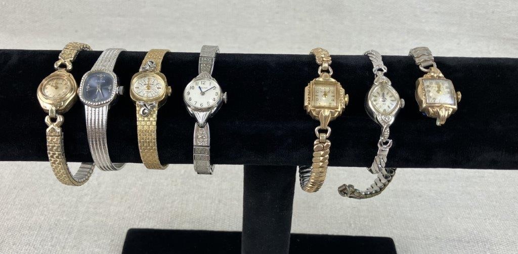 Vintage Bulova Designer Wristwatch Assortment: This seven-piece assortment of vintage Bulova designer wristwatches features a variety of luxury and distinguished designs, with some pieces dating back as early as the 1920s. The collection includes