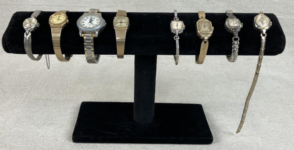 Vintage Wrist Watch Assortment Including Jean Cardot: This eight-piece assortment of vintage wristwatches features a diverse range of luxury and sporting styles, including a Jean Cardot timepiece and two Elgin 10kt white gold rolled plate watches with