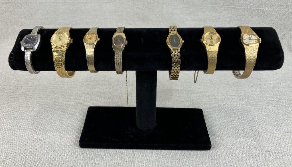Vintage Seiko Wristwatch Assortment: This seven-piece collection of vintage Seiko wristwatches features a variety of elegant and distinguished designs, including two models with streamlined gold-tone bands and one distinctive piece with