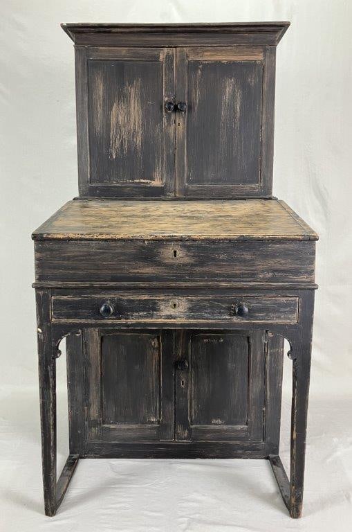 19th Century Painted Plantation Desk: A fine example of 19th century country furniture, this painted plantation desk is constructed of pine and poplar with an old painted surface in shades of gray blue and green visible inside the top