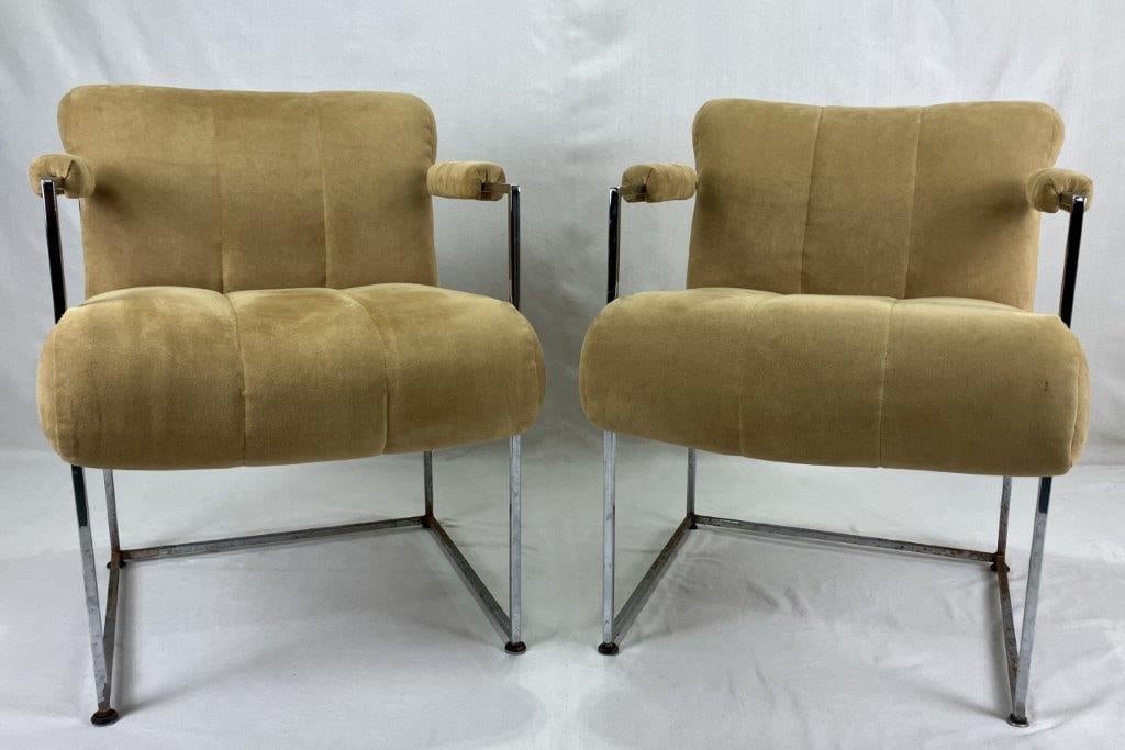 Pair of Milo Baughman for Thayer Coggin Faux Suede and Chrome Chairs: A gorgeous pair of mid-century modern golden green cube lounge chairs designed by Milo Baughman for Thayer Coggin, USA 1970s. Constructed with faux suede and chrome. Each measures 23 inches wide x 30