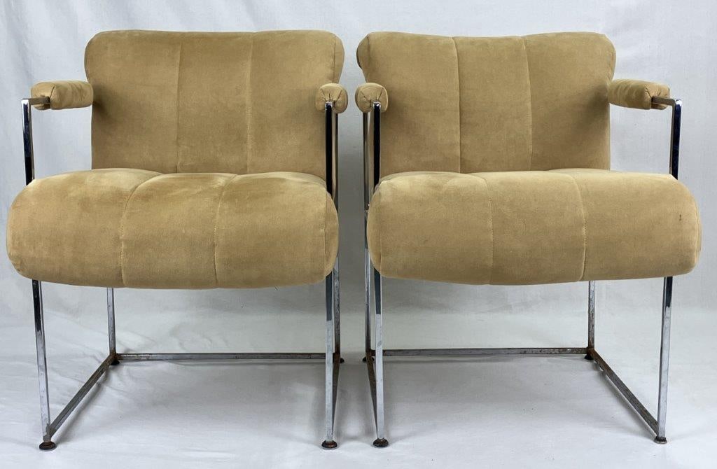 Pair of Milo Baughman for Thayer Coggin Faux Suede and Chrome Chairs - 3