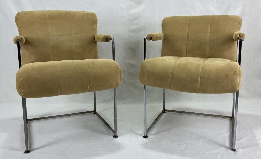 Pair of Milo Baughman for Thayer Coggin Faux Suede and Chrome Chairs: Wonderful pair of mid-century modern golden green cube lounge chairs designed by Milo Baughman for Thayer Coggin, USA 1970s. Constructed with faux suede and chrome. Each measures 23 inches wide x 30