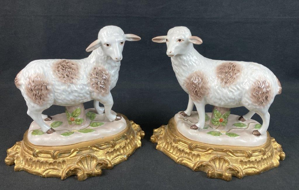 Pair of Meissen Porcelain Sheep: This pair of Meissen porcelain sheep figures showcases charming features, including distinctly spotted wool coats and expressive facial features with finely painted details, with each animal elegantly