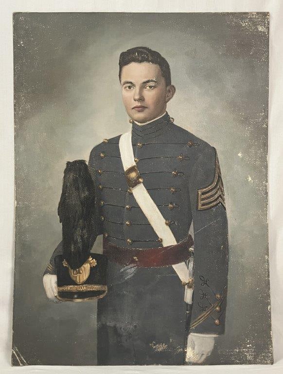 Large Portrait of a Citadel Cadet by Cohen: An impressive oil on board portrait of a young Citadel military cadet in full dress uniform, depicted holding a plumed shako hat. The sitter is shown wearing a blue uniform with brass buttons, white
